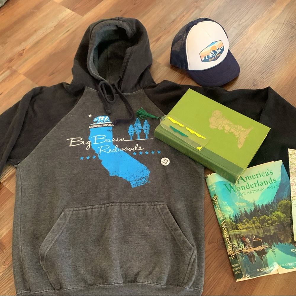 Adventure Natl Park’66 Bk,Big Basin Hoodie,Trailer Button Pin,Hike Hat +Book mk